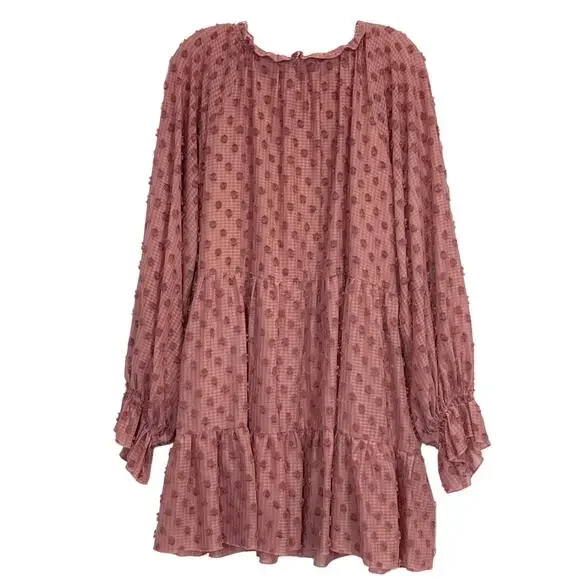 NWOT AAKAA Dress L Fluffy-Swiss-Dot Bow-Tassel A-Line Ruffle Tiered Balloon-Slev